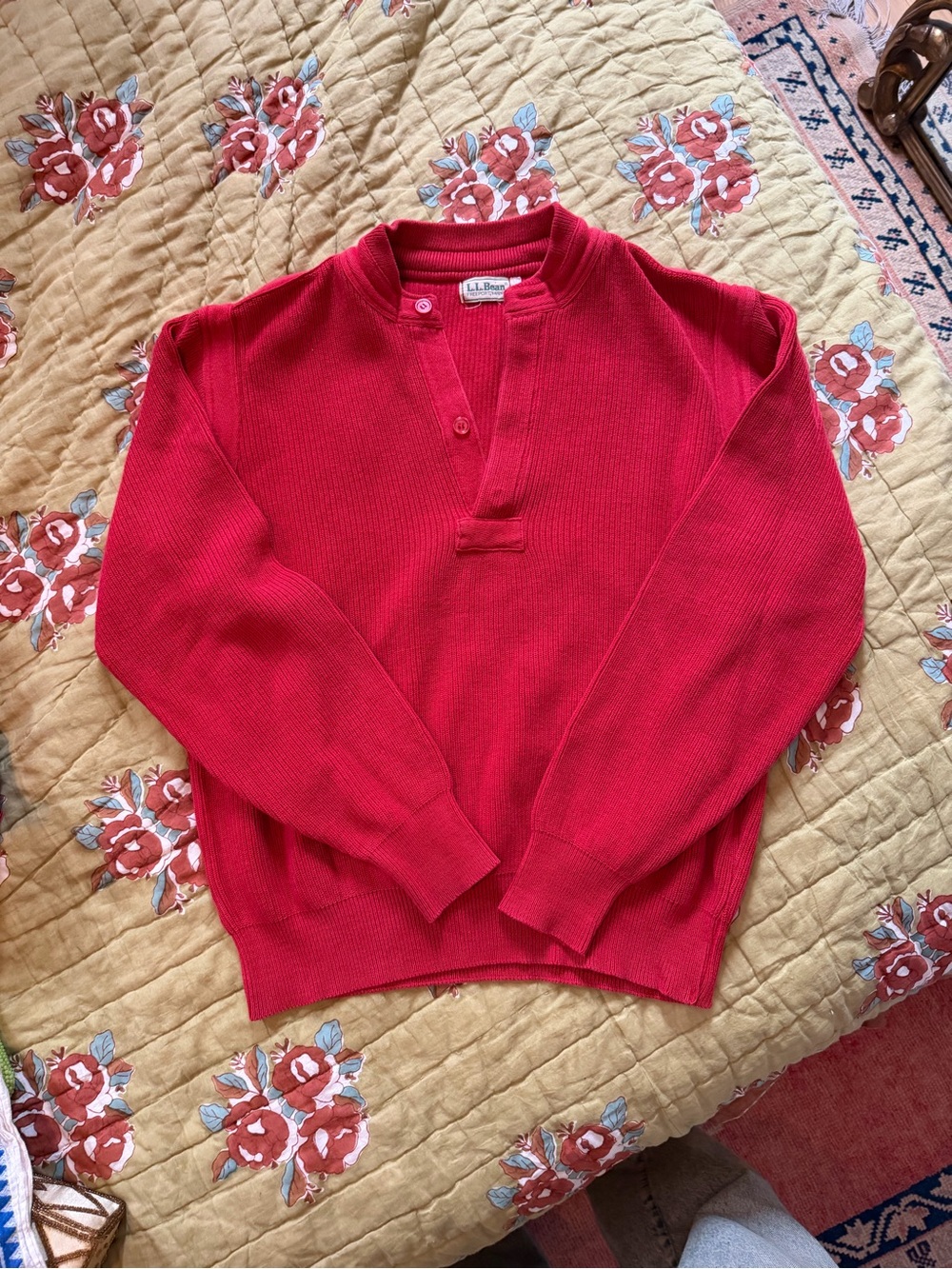 L.L. Bean Men's Bright Red V-Neck Henley Sweater